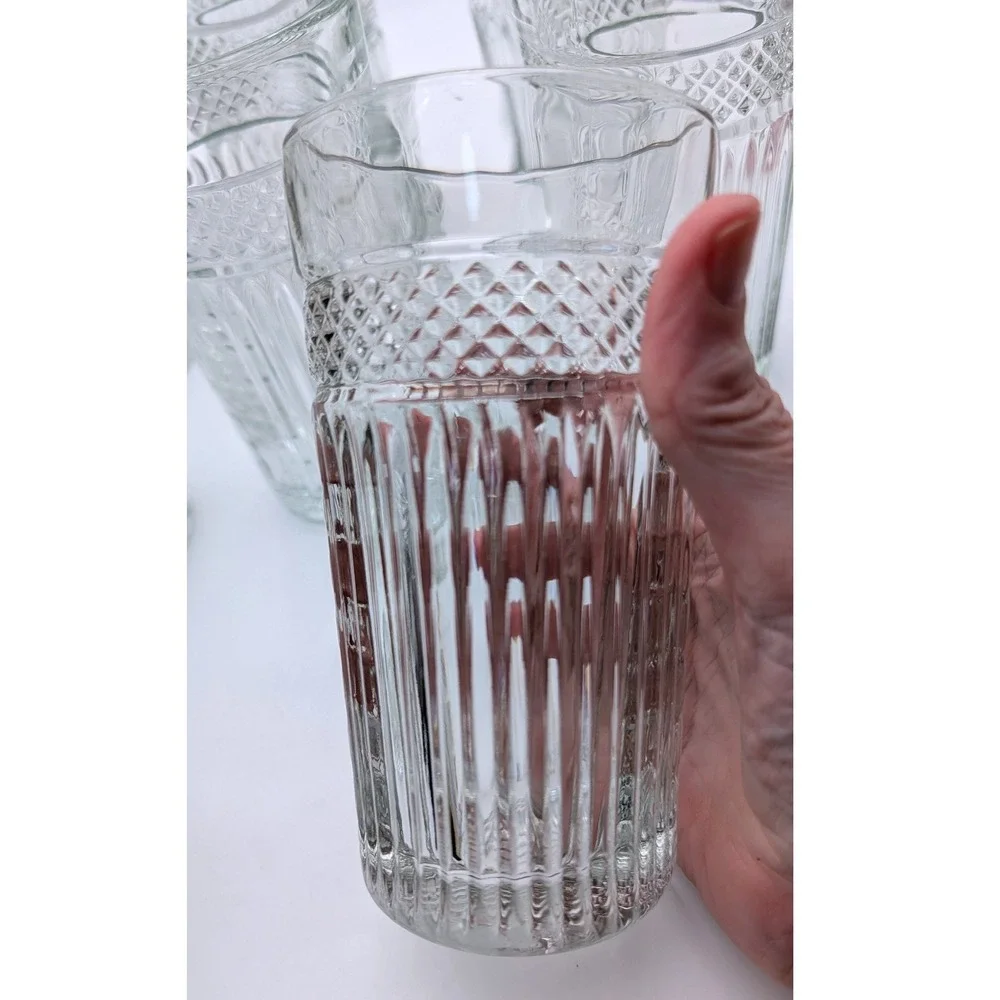 Libbey Highball Glasses Set of 12 Clear Ribbed Diamond Textured Tumblers Vintage